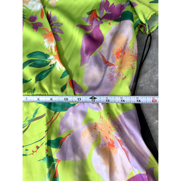 Nicole Miller Satin Neon Green Floral Tiered Ruffle Dress Womens Size M NEW - Picture 4 of 8